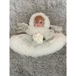 Vintage Porcelain Angel Christmas Tree Ornament White Faux Fur Feathers